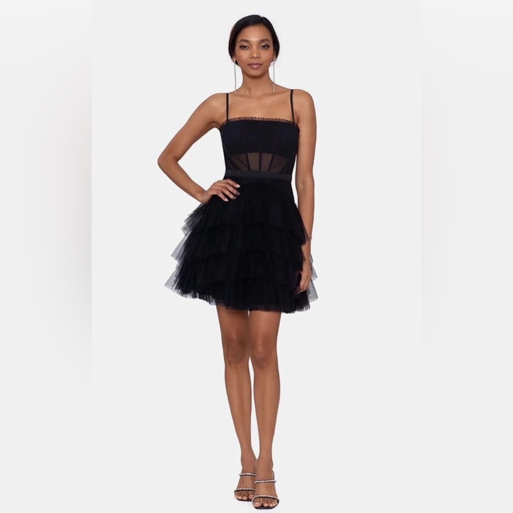 BETSY & ADAM Short Corset Mesh Dress Black Dress